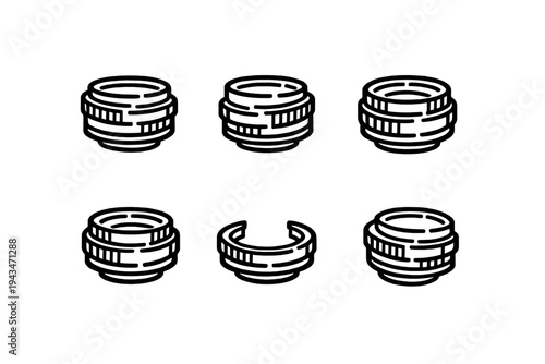 A collection of six black and white line art illustrations depicting camera lenses from various angles. The minimalist technical drawings are arranged in a neat grid on a dark background.