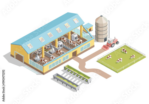 Modern dairy farm with automated milking and cows in pasture and barn