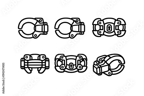 A collection of six technical line art icons depicting various mechanical clamps and locking mechanisms in a golden outline style against a solid black background.