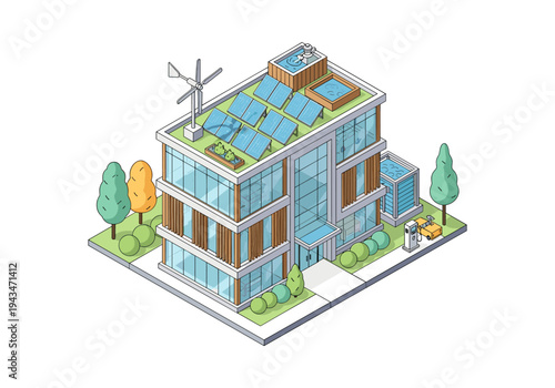 Modern eco-friendly building with solar panels, wind turbine, and electric car charging station