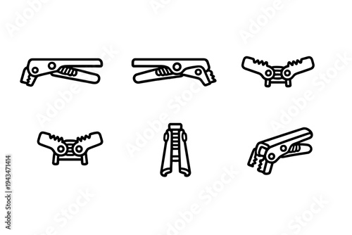 A collection of six black and white line icons depicting various angles and configurations of a mechanical hand tool, such as a wire stripper or crimping device, on a black background.