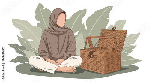 A woman sits cross-legged next to a wicker basket