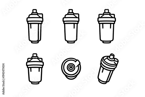 Six technical line drawings illustrate different perspectives of a mechanical part, featuring front, side, and top views in a minimalist schematic style on a black background.