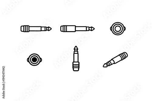 A collection of six minimalist line icons depicting audio jack connectors from various perspectives, including side, front, and isometric views on a dark background.