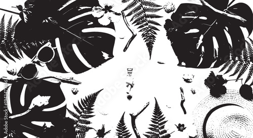 Flat Lay of Tropical Summer Essentials: Sunglasses, Hat, Driftwood, Ferns, Monstera Leaves, and Seashells.