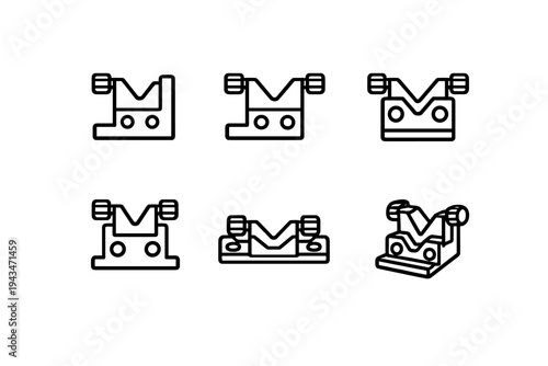 This image displays six technical line art illustrations of a mechanical part with a V-shaped groove and mounting holes, presented in various orthographic and isometric views.