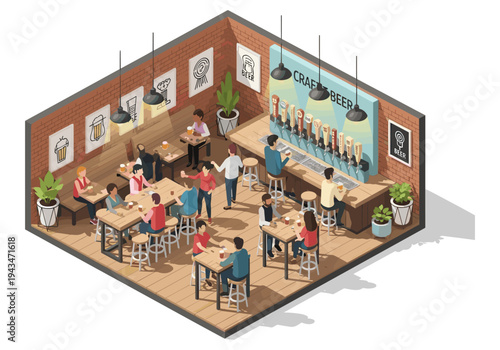 Isometric view of a busy craft beer pub with people enjoying drinks and socializing