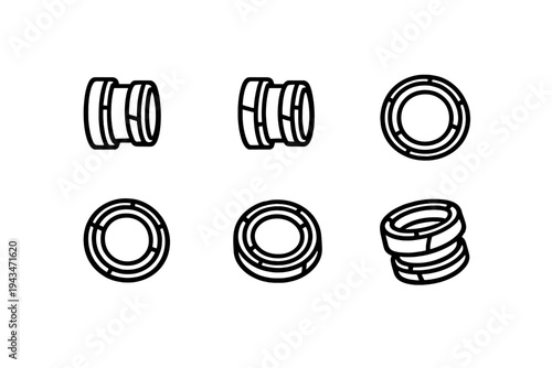 A technical line drawing illustration showing six different views of mechanical rings or gaskets on a black background. The white outlines depict various angles and stackings of parts.