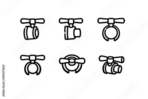 This set features six distinct black and white line icons of industrial valves and pipe connectors, showcasing different mechanical designs in a simple and clear schematic style.