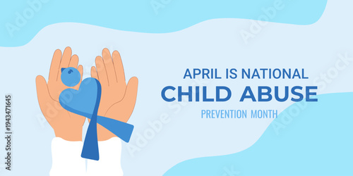 Child Abuse Prevention Month Poster with blue ribbon and supportive hands illustration. Social campaign concept for protection, safety, education and community support initiatives.