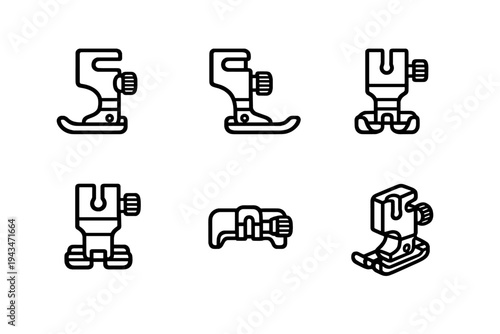 This set features six minimalist line icons of sewing machine presser feet. Each icon represents a different specialized attachment used in professional tailoring and home sewing.