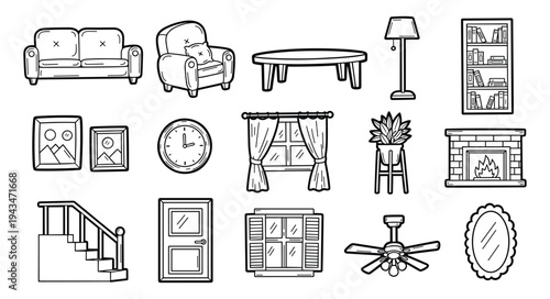Home Interior Furniture Icon Set — Sofa, Table, Lamp, Bookshelf, Fireplace Outline Line Art