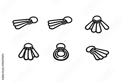 A collection of six minimalist line art icons depicting sets of measuring spoons on a ring from various angles, suitable for kitchenware design and culinary illustrations.