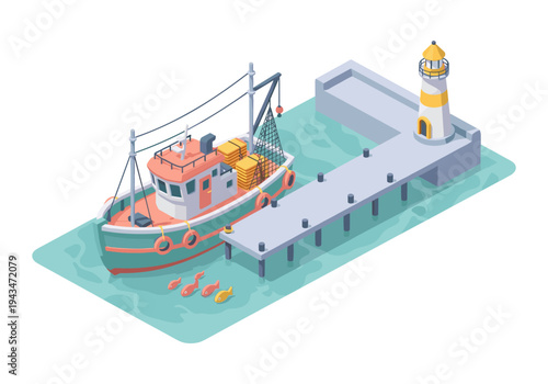 Isometric fishing trawler docked at a pier with a lighthouse and fish swimming nearby