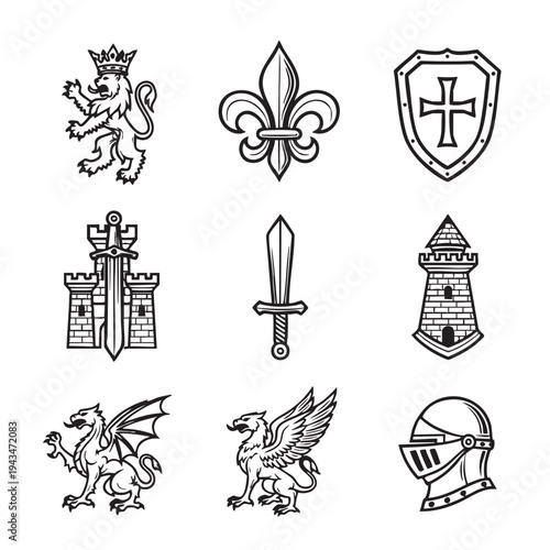Medieval icons showcase crowned lion, fleur-de-lis, shield, sword, castle, and knight's helmet in vintage style.
