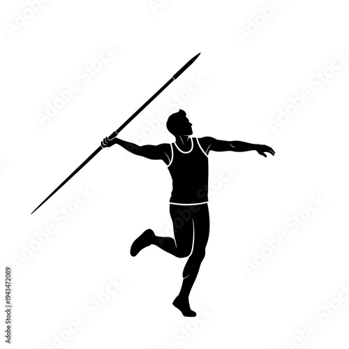 Dynamic black silhouette icon showing a male athlete in motion during a javelin throw, capturing the power and competitive spirit of track and field sports