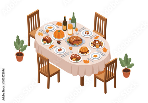 Festive Thanksgiving dinner table setting with roasted turkey, pumpkin pie, and autumn decorations
