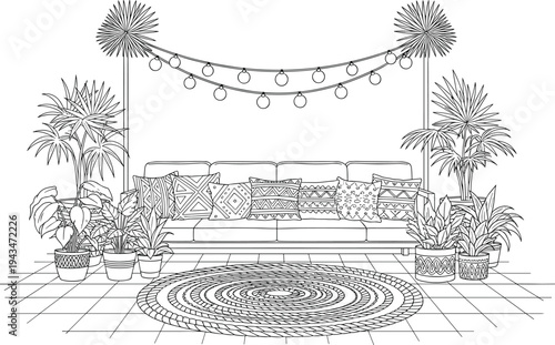 Black and white line of a living room with a couch and plants line black and white potted plants