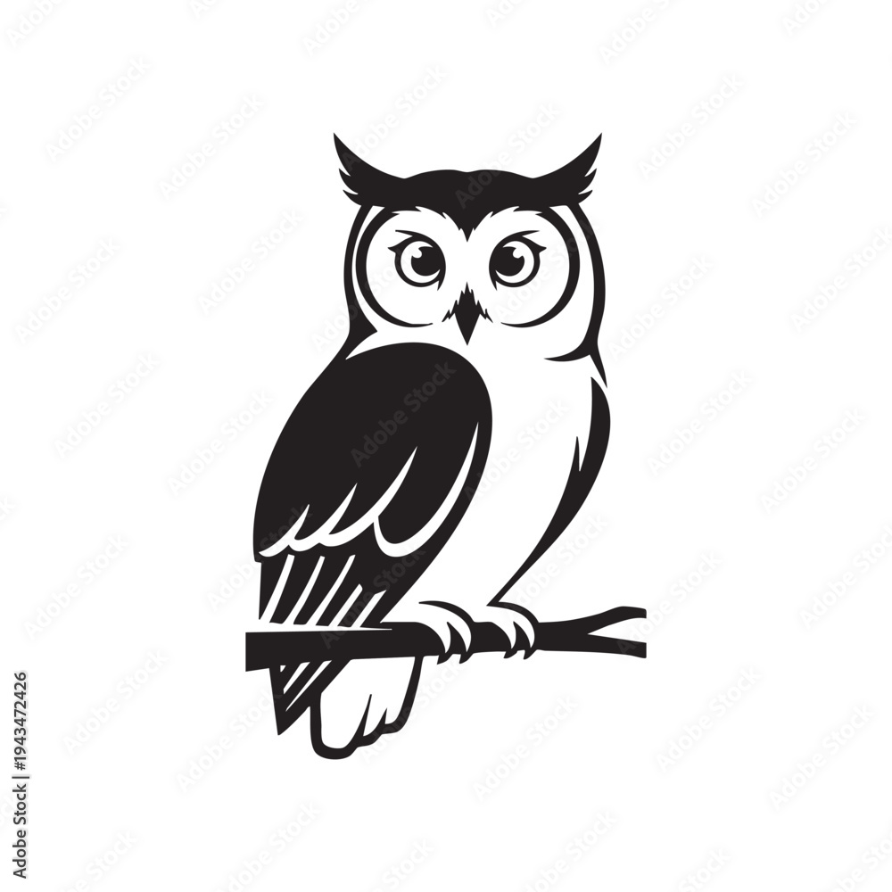 Obraz premium An owl perches on a branch, depicted in a black and white illustration.