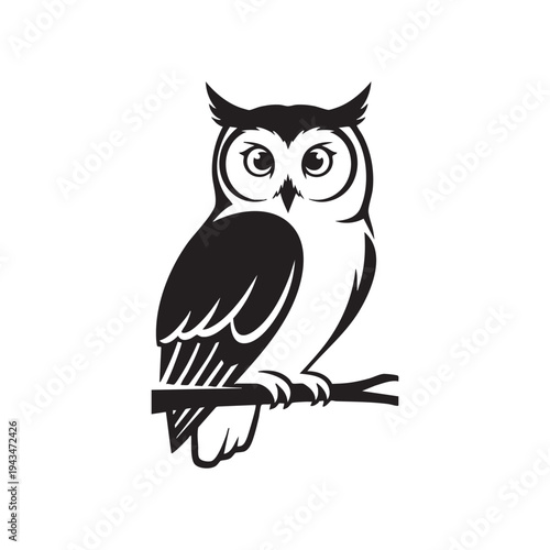 An owl perches on a branch, depicted in a black and white illustration.