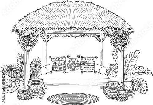 Black and white of a thatched gazebo with patterned pillows and plants thatched roof tropical