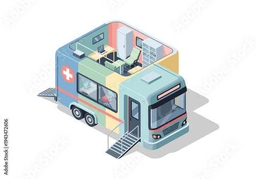 Isometric medical clinic on wheels, a mobile healthcare unit with examination room and office