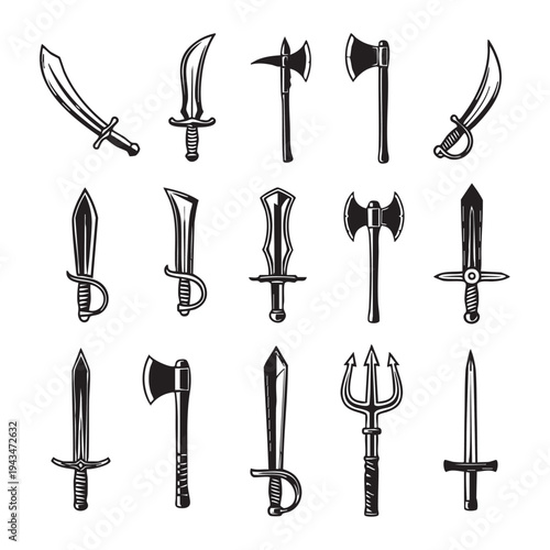 Vintage icons of swords, blades, and axes on display