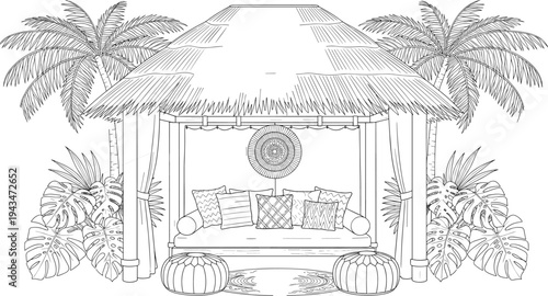 Black and white of a tropical hut with a daybed and palm trees thatched roof