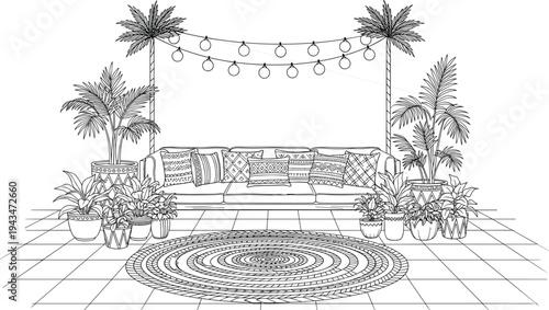 Black and white line of outdoor patio with couch and plants line black and white palm trees