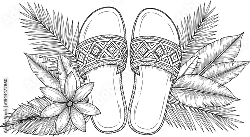 Black and white of sandals with tropical leaves and flowers line patterned straps
