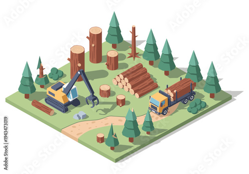 Isometric logging scene with crane, truck, and felled trees in a forest setting