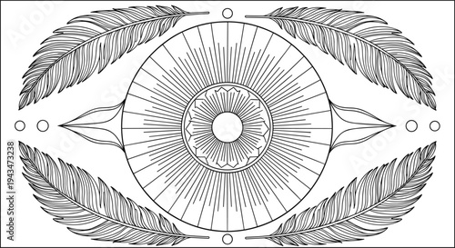 Black and white sunburst with feathers and circles