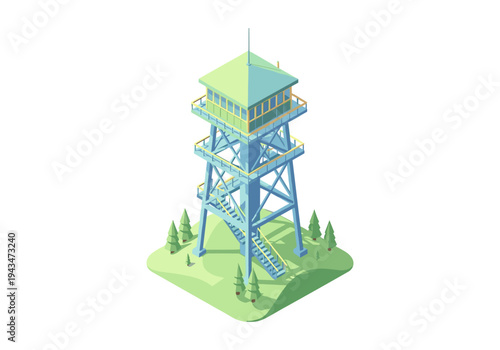 Isometric fire lookout tower with trees and grassy hill on a white background