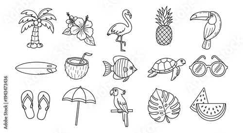 Tropical Summer Icon Set — Palm Tree, Tropical Flower, Flamingo, Pineapple, Toucan, Surfboard, Coconut Drink, Parrot, Turtle, Sunglasses, Flip Flops, Beach Umbrella, Tropical Leaf, Monstera line art