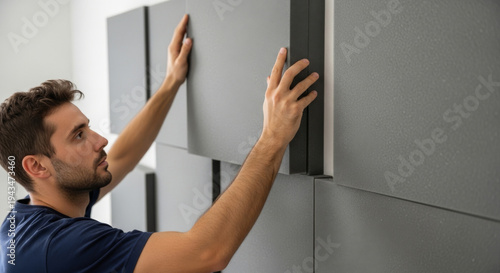 A focused young Caucasian male installs soundproof panels on a wall, enhancing the acoustic environment in a modern space.