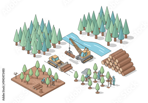 Isometric illustration of logging operations, showing tree felling, transportation, and wood processing