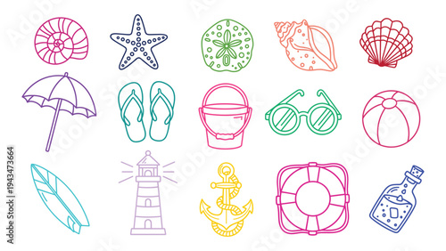 Beach and Summer Icon Set — Seashell, Starfish, Sand Dollar, Conch, Scallop, Beach Umbrella, Flip Flops, Sand Bucket, Sunglasses, Beach Ball, Surfboard, Lighthouse, Anchor, Life Ring, Bottle Line Art