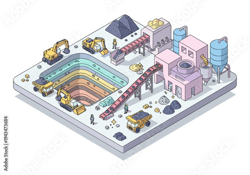 Isometric illustration of a coal mining operation with excavators, trucks, and processing plant