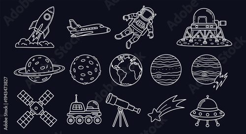 Dark Background Space and Astronomy Icon Set — Rocket, Saturn, Astronaut, Satellite, Moon, Earth, Meteor, UFO, Telescope, Comet Line Art