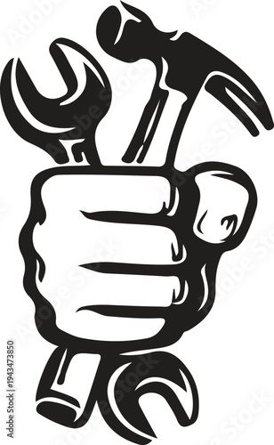 A black and white vector illustration of a hand firmly gripping a hammer and a wrench.