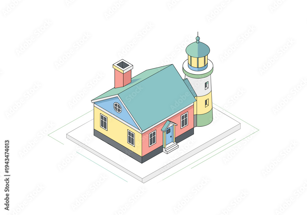 Fototapeta premium Isometric illustration of a colorful house with an attached lighthouse on a white background