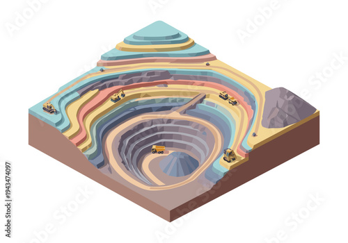 Isometric open pit mine with excavators and trucks, showing layered earth and excavation process