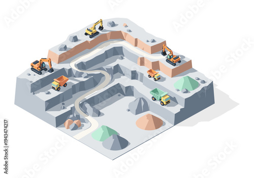 Isometric open pit mine with excavators and dump trucks working on extraction and transport