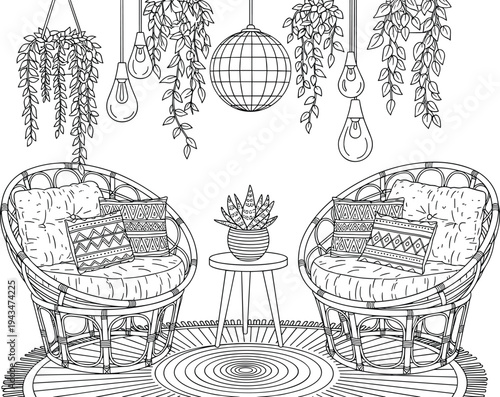 Boho chic living room with wicker chairs and hanging plants bohemian light bulbs disco ball
