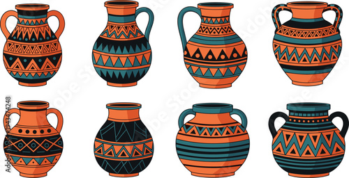 Eight clay pots with handles and geometric patterns orange teal