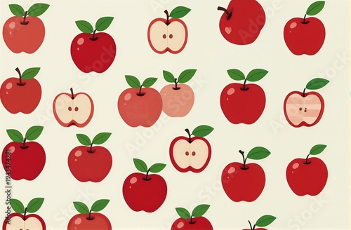 Red apples whole and sliced green leaves on light background.