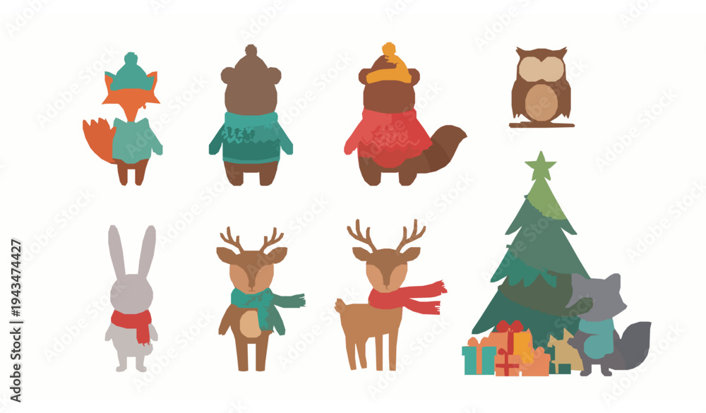Fototapeta premium Playful woodland animals wearing winter sweaters and scarves celebrating around Christmas tree gifts vector illustration