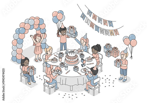 Children's birthday party with cake, gifts, balloons, and happy guests celebrating together