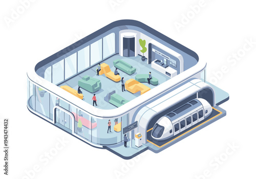 Modern train station waiting area with passengers and sleek futuristic train arriving