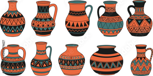 Ten orange and black clay pots with handles and geometric patterns on white background